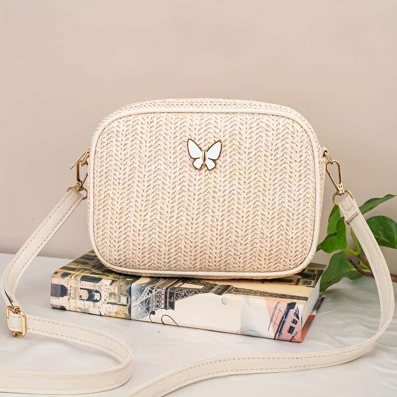 Small Butterfly Decorated Straw Crossbody Bag Stylish Sweet And Versatile Mini Bag