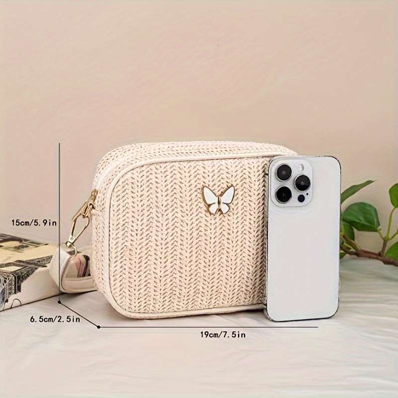 Small Butterfly Decorated Straw Crossbody Bag Stylish Sweet And Versatile Mini Bag