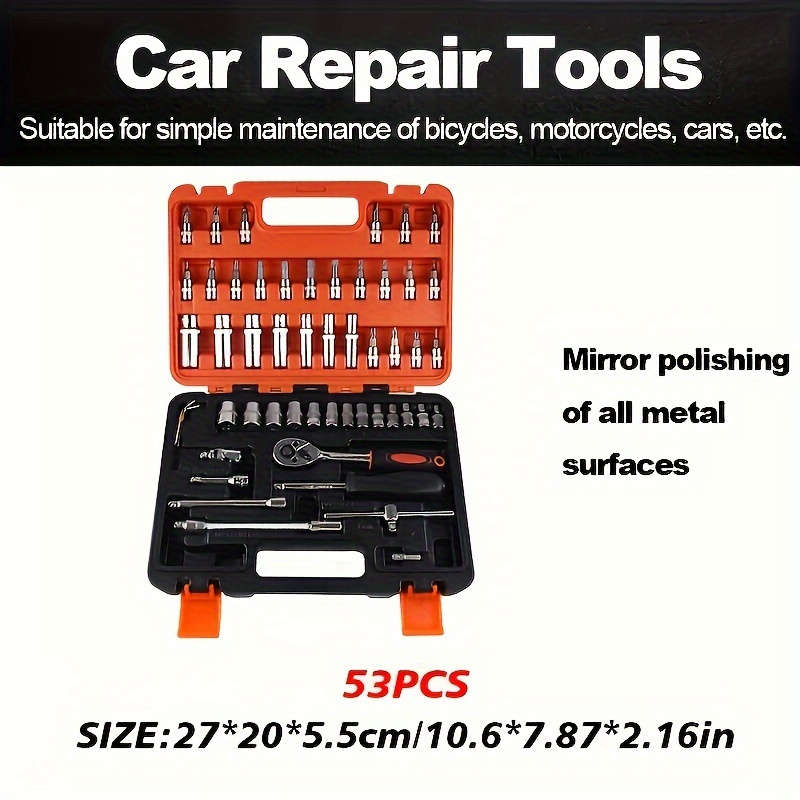 53 Piece Professional Auto Repair Tool Set - Durable Metal Auto Repair Kit With Ratchet Wrench For C