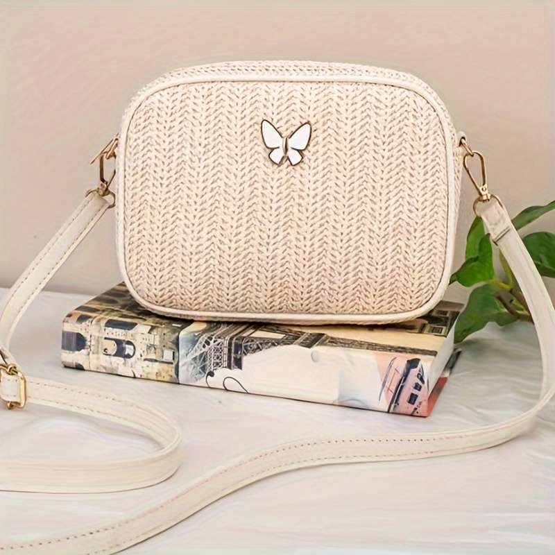 Small Butterfly Decorated Straw Crossbody Bag Stylish Sweet And Versatile Mini Bag