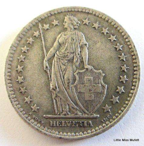 A 1943 Swiss 2 Franc---Composition Silver (.835)  Weight  10 g