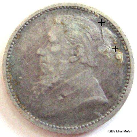An 1892 ZAR Kruger 3d. Looks like an error happened on this coin during minting.