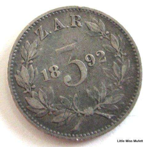 An 1892 ZAR Kruger 3d. Looks like an error happened on this coin during minting.