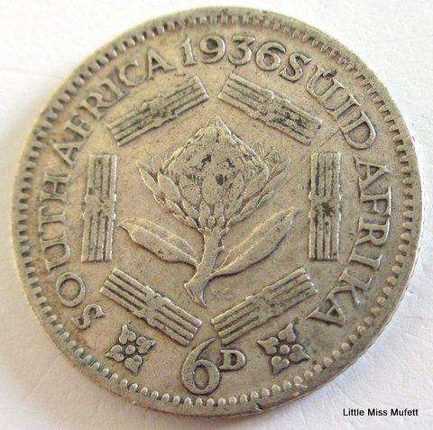 A 1936 South African 6d----CompositionSilver (.800) Weight2.83 g. Low mintage 627,046