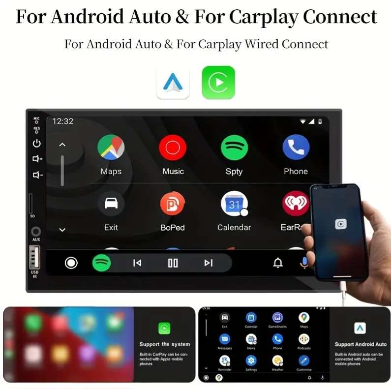 7 Inch HD Touch Screen Car Multimedia Player, Single DIN, Wired CarPlay & Android Auto