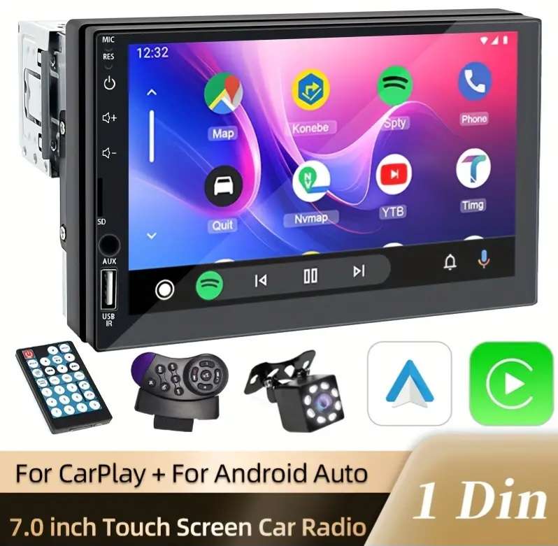7 Inch HD Touch Screen Car Multimedia Player, Single DIN, Wired CarPlay & Android Auto