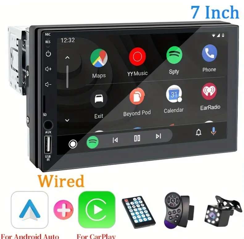 7 Inch HD Touch Screen Car Multimedia Player, Single DIN, Wired CarPlay & Android Auto