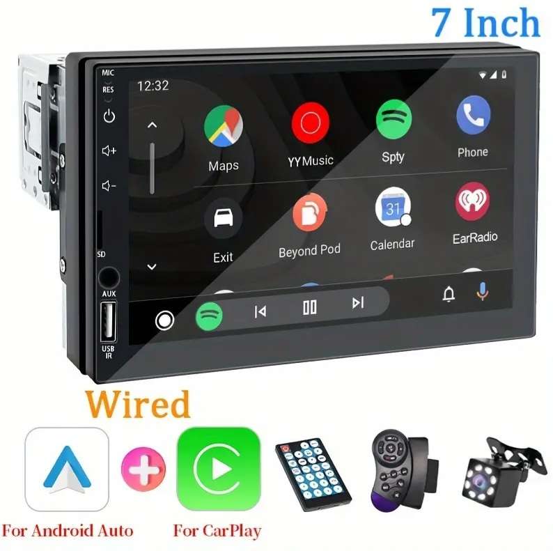 7 Inch HD Touch Screen Car Multimedia Player, Single DIN, Wired CarPlay & Android Auto