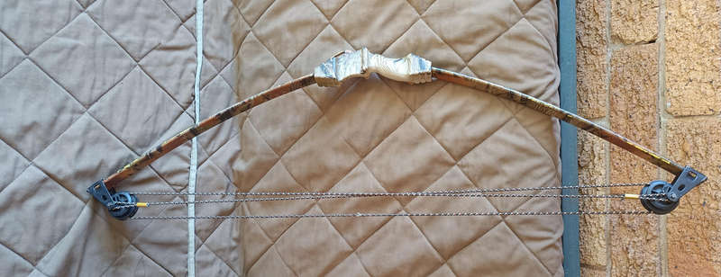 A camo compound bow with 9 arrows