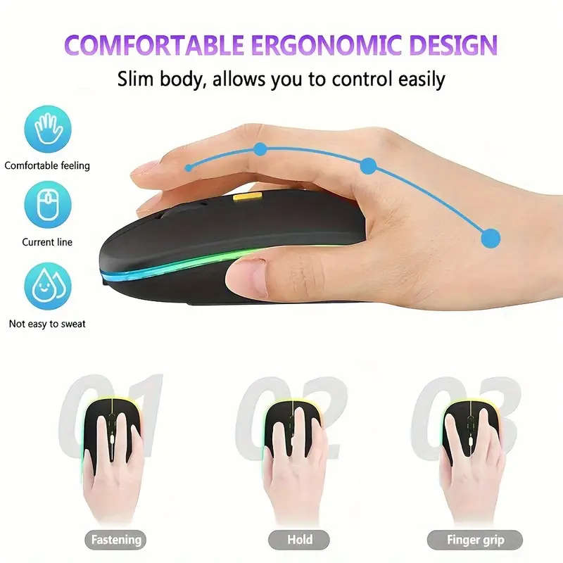 Bluetooth & 2.4G Wireless RGB Mouse, Dual Mode Rechargeable Optical Mouse, Ergonomic Design