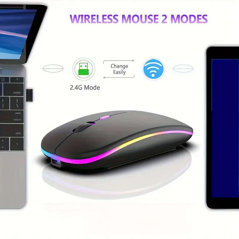 Bluetooth & 2.4G Wireless RGB Mouse, Dual Mode Rechargeable Optical Mouse, Ergonomic Design
