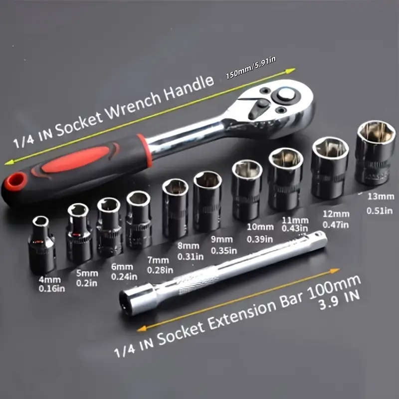 12 pcs wrench set, steel mechanical tool, 1/4 inch drive, two-way manual hand tool combination