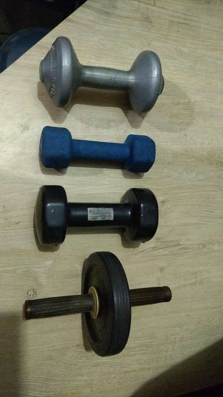 Lot of "dumbell" weights and Ab training wheel to clear
