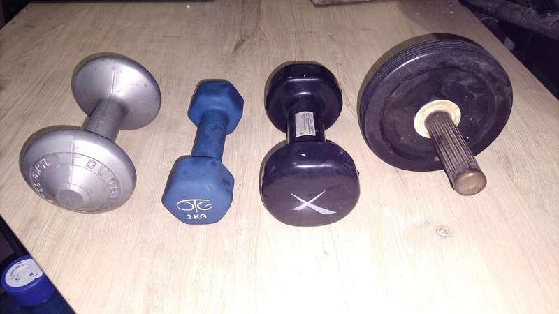 Lot of "dumbell" weights and Ab training wheel to clear