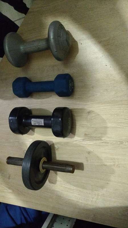 Lot of "dumbell" weights and Ab training wheel to clear