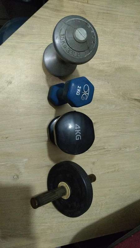 Lot of "dumbell" weights and Ab training wheel to clear