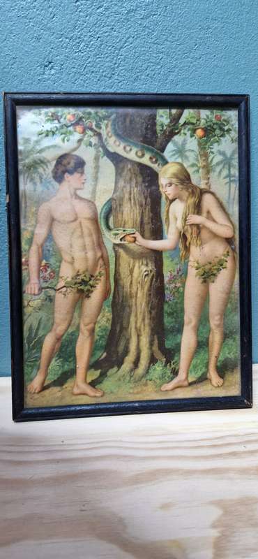 Vintage print ADAM & EVE SNAKE Religious Art Framed