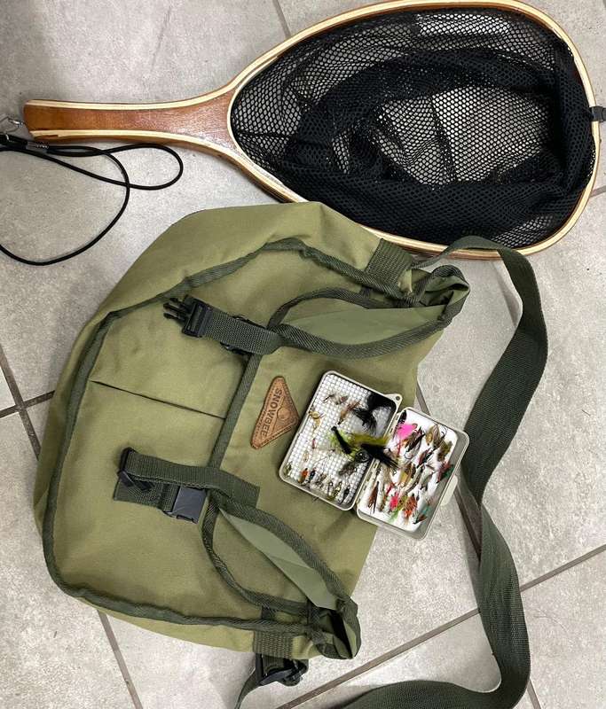 Flyfishing : Snowbee Fishing Bag plus Xplorer wooden net and box of flies. Great condition