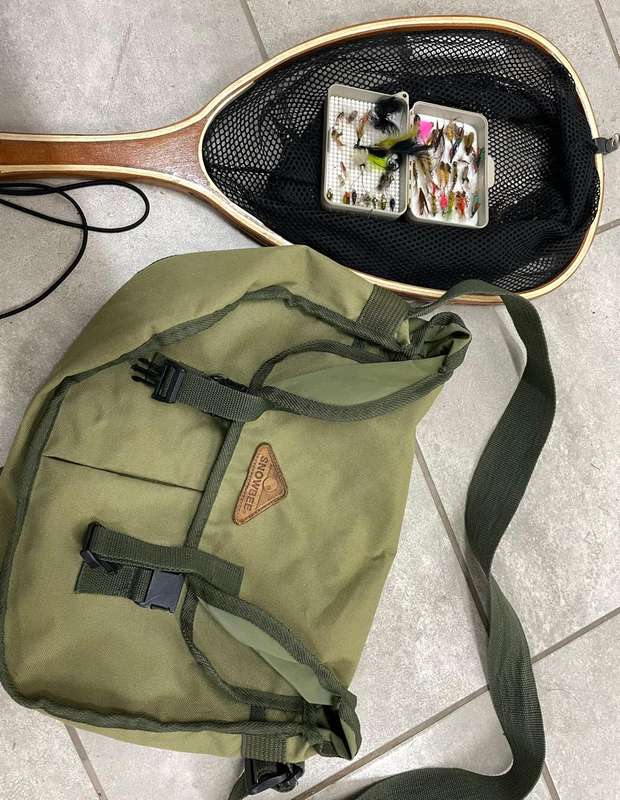 Flyfishing : Snowbee Fishing Bag plus Xplorer wooden net and box of flies. Great condition