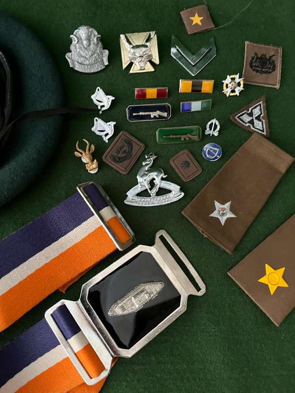 Job lot of SADF stable belt, beret, badges, rank etc