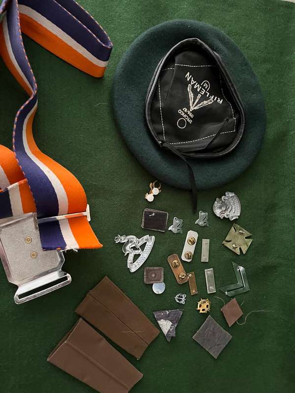 Job lot of SADF stable belt, beret, badges, rank etc