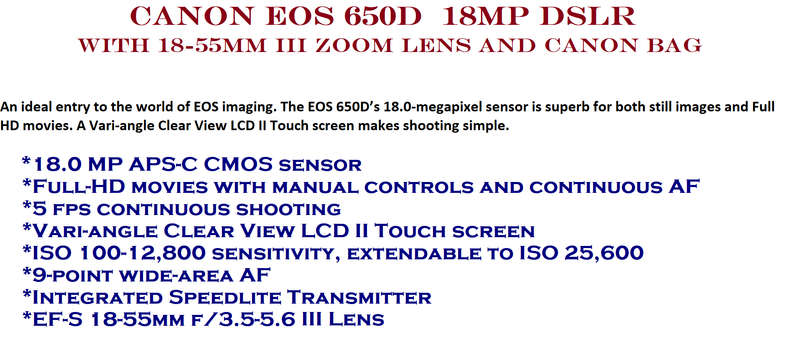 CANON EOS 650D, 18MP DSLR ,FULL HD MOVIES, 18-55MM III ZOOM LENS AND CANON BAG