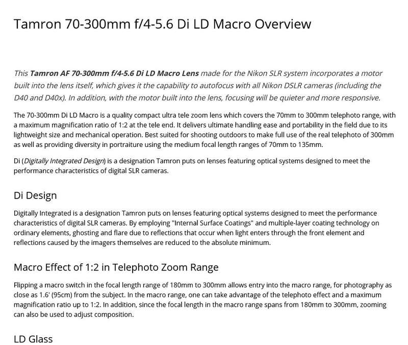 Tamron 70-300mm f/4-5.6 Di LD Macro Autofocus Lens for Nikon AF