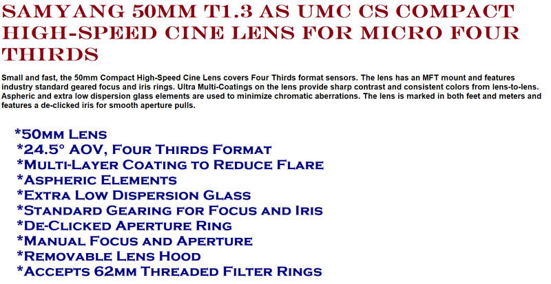 SAMYANG 50mm T1.3 AS UMC CS Compact High-Speed Cine Lens for Micro Four Thirds