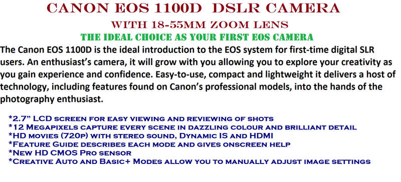 CANON EOS 1100D,12MP DSLR CAMERA WITH HD MOVIES, COMING WITH 18-55MM ZOOM LENS
