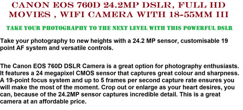 Canon EOS 760D 24.2MP DSLR, FULL HD MOVIES , WIFI Camera WITH 18-55MM III , VERY GOOD CONDITION