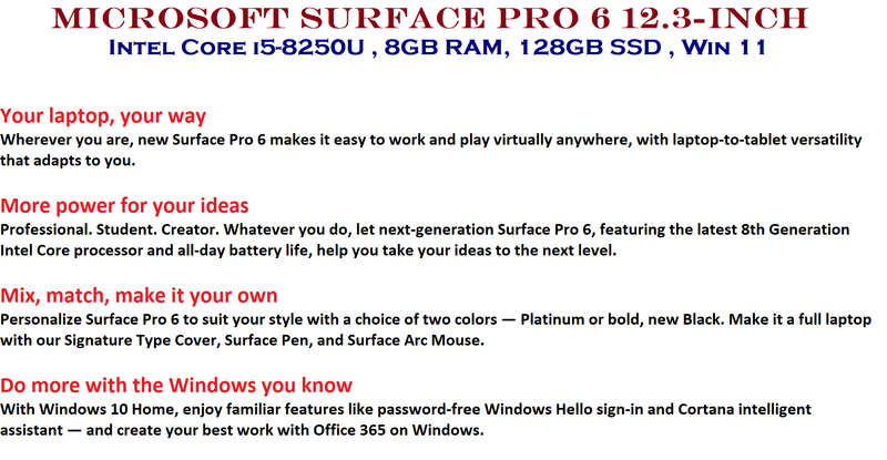 Microsoft Surface Pro 6 12.3-inch Tablet - Intel Core i5-8250U 128GB SSD 8GB RAM Win 11