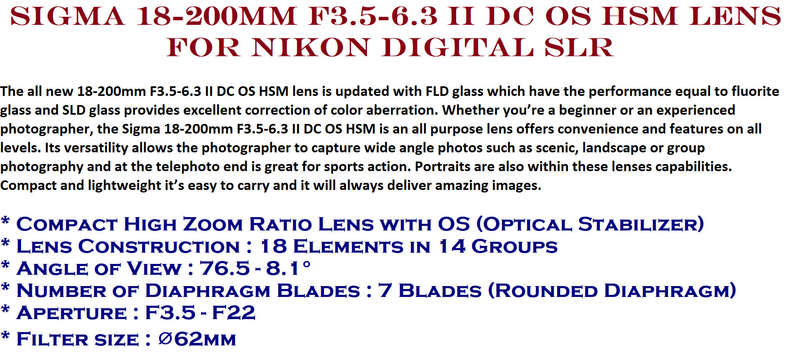 Sigma 18-200mm F3.5-6.3 II DC OS HSM Lens for Nikon Digital SLR