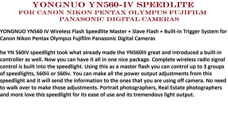 Yongnuo YN560-IV Speedlite Canon Nikon Pentax Olympus Fujifilm Panasonic Digital Cameras