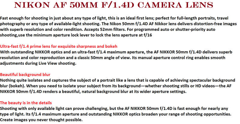 Nikon AF Nikkor 50mm f/1.4D Camera Lens