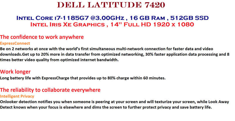 Dell Latitude 7420 Intel Core i7-1185G7 @3.00GHz , 16 GB Ram , 512GB SSD , 14" FHD Display