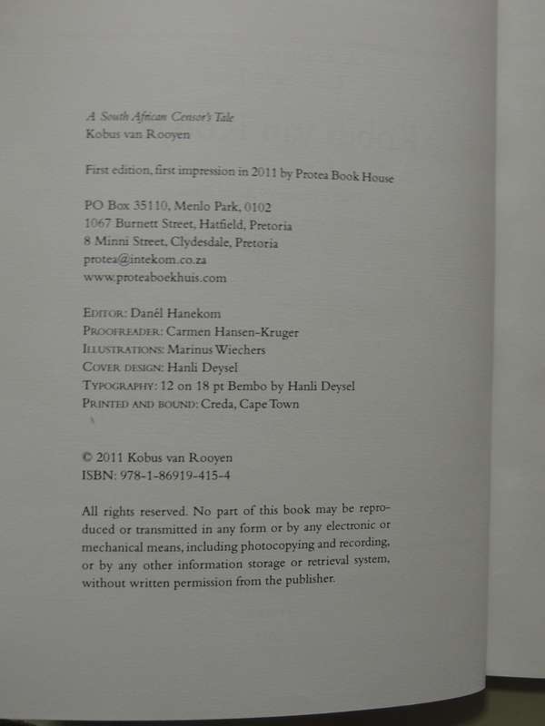 A South African Censor's Tale - Kobus Van Rooyen   Inscribed