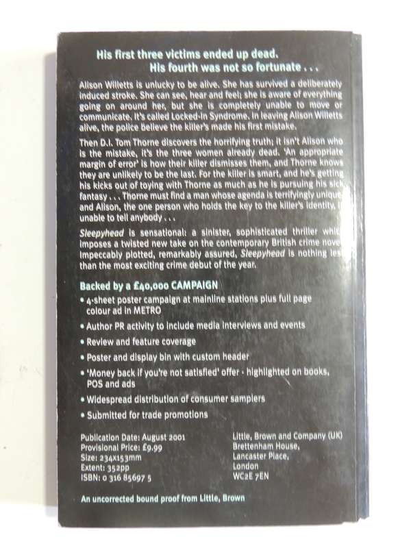 Sleepy Head - Mark Billingham     FIRST NOVEL, UNCORRECTED PROOF