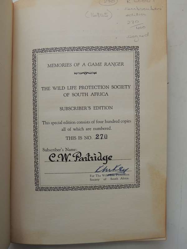 Memories Of A Game Ranger  - Harry Wolhuter  Subscribers Edition 270/400 Signed