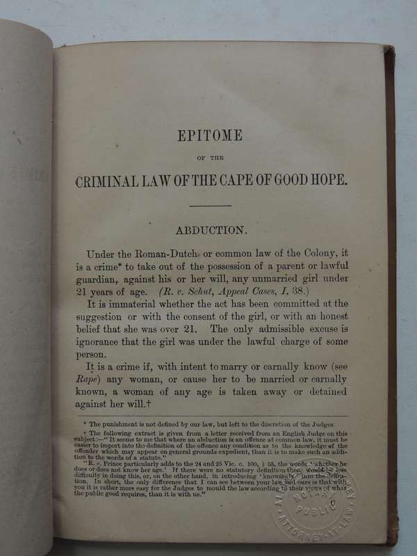 Epitome Of The Criminal Law Of The Cape Of Good Hope Specially Adapted For The Cape Police- BV Shaw