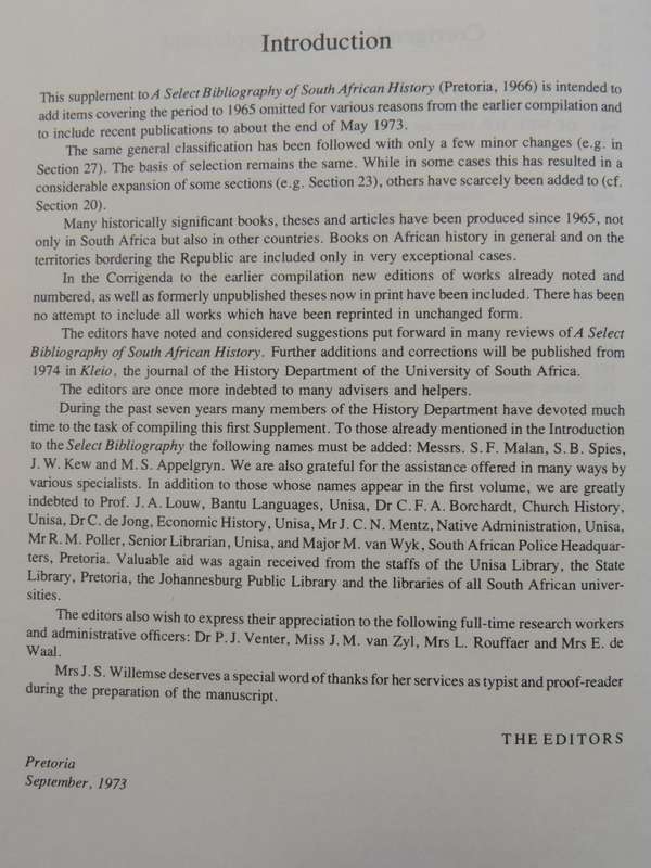 Supplement to a Select Bibliography of South African History: A Guide for Historical Researched C.F