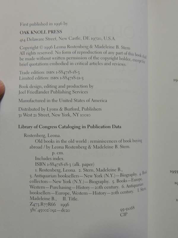 Old Books In The Old World: Reminiscences Of Book Buying Abroad Leona Rostenberg & Madelaine B. Ster