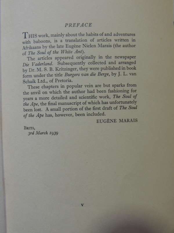 My Friends The Baboons - Eugene N. Marais     1st Edition 1939