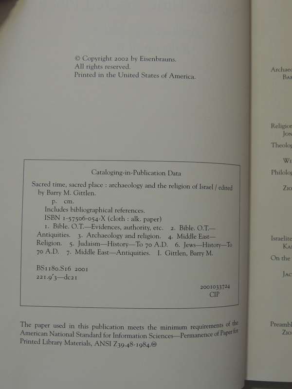 Sacred Time Sacred Place: Archaeology And The Religion Of Israel - ed Barry M. Glitten