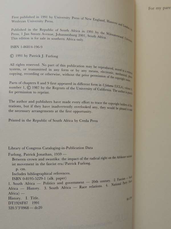 Between Crown & Swastika,Impact of the Radical Right on the Afrikaner Nationalist..Patrick J Furlong
