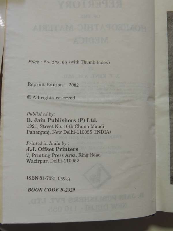 Repertory of the Homoeopathic Materia Medica & A Word Index - JT Kent  Indian Reprint 2002 from 6th