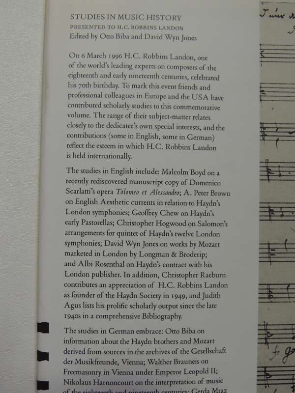 Studies In Music History Presented To HC Robbins Landon On His 70th Birthday ed Otto Biba, DW Jones