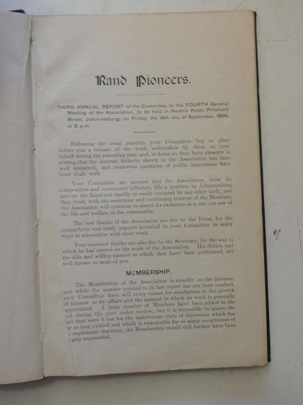 Rand Pioneers: Third Annual Report With Appendices   1906