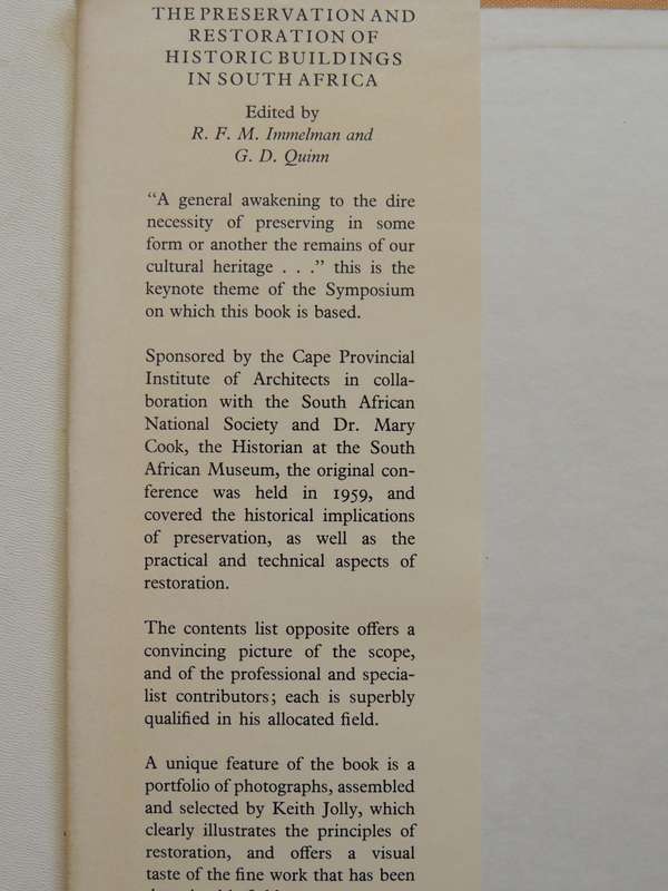 The Preservation & Restoration Of Historic Buildings In South Africaed. R.F.M. Immelman & G.D. Quin