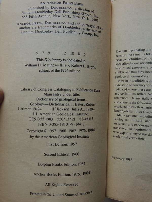 Dictionary Of Geological Terms - ed. Robert L. Bates & Julia A. Jackson