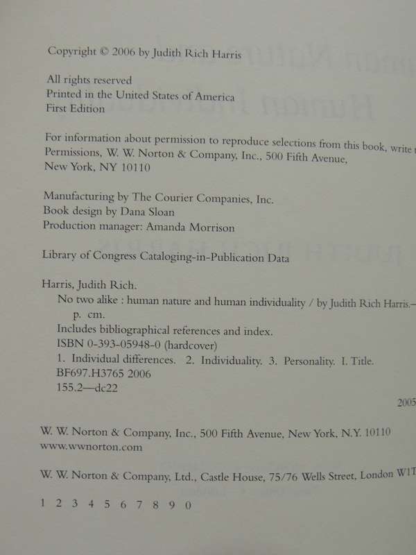 No Two Alike: Human Nature And Human Individuality- Judith Rich Harris